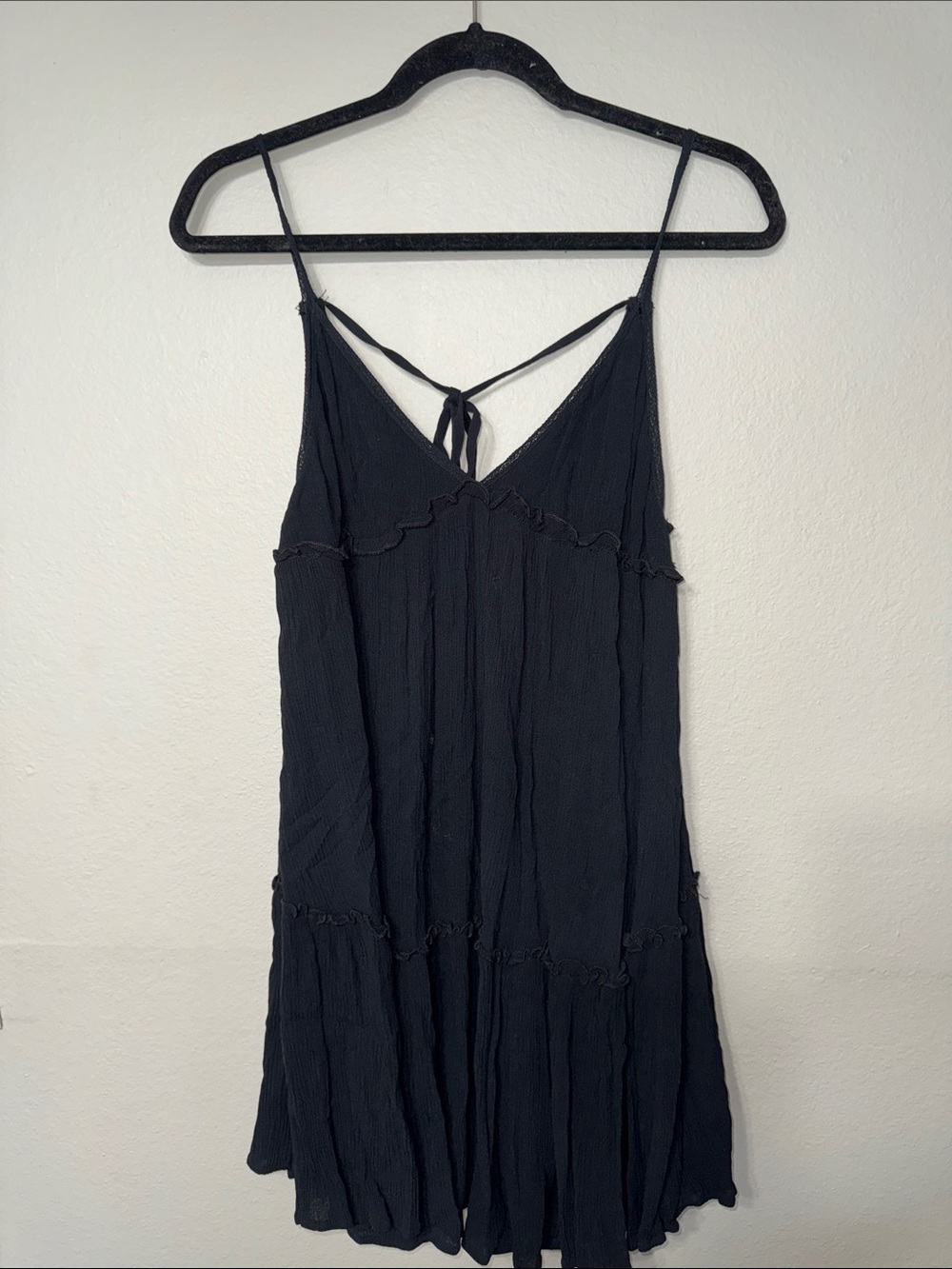 Wild Fable Black Crinkled Spaghetti-Strap Tie-Back Mini Dress